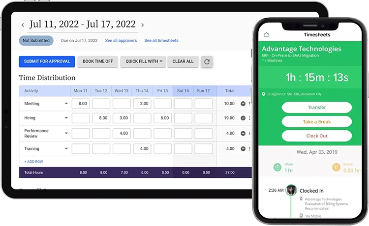 Time and attendance data of an employee including clock in, clock out, and break time on mobile app