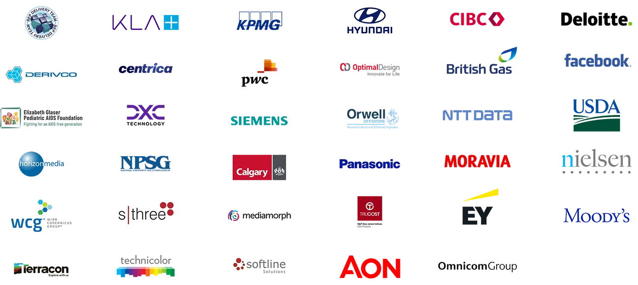 Logos of different global businesses that use Replicon software to manage their enterprise time