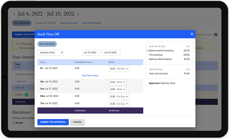 Booking time off for approval on Replicon time off software