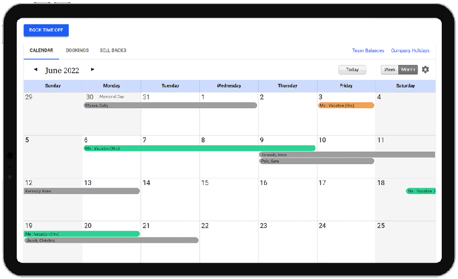 intuitive time off calendar showing employee time off schedule