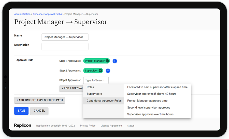 time offs approval path with advanced validations
