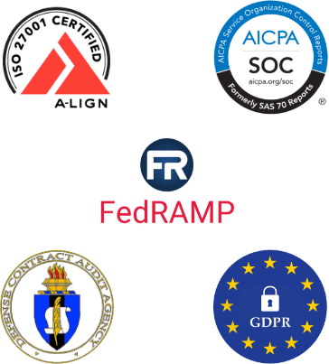 Logos of FedRamp, GDPR, Defense contract audit agency, AICPA, A-LIGN