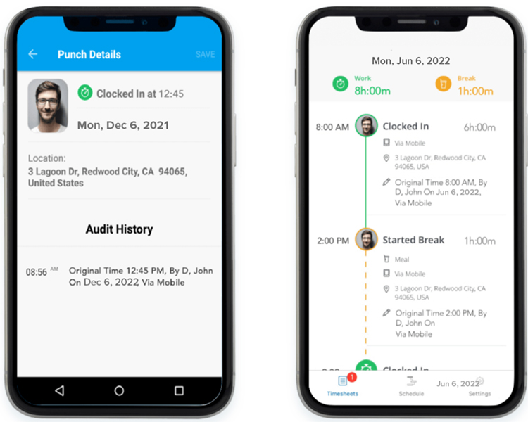 employee’s punch details on Replicon’s time tracking mobile app