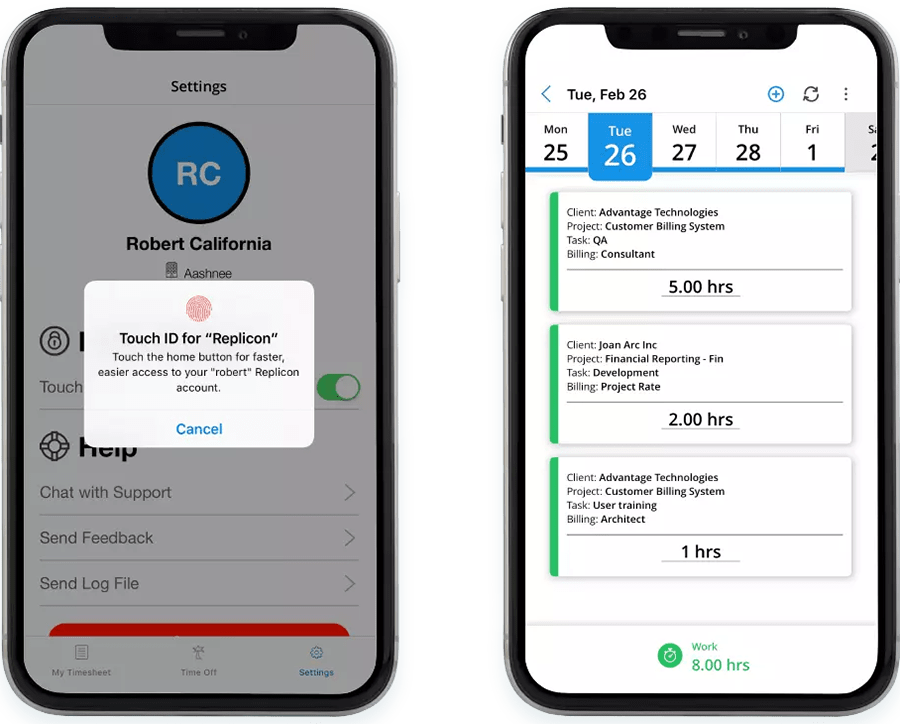 Mobile time tracking app from Replicon with Touch ID feature