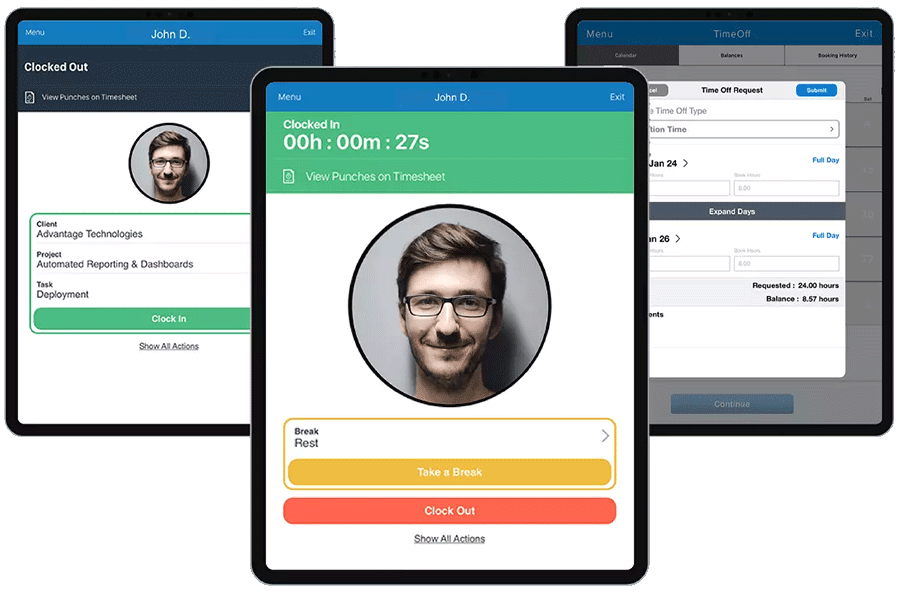 advanced Time clock in Workforce management software with clock in/out, breaks, and time off capabilities