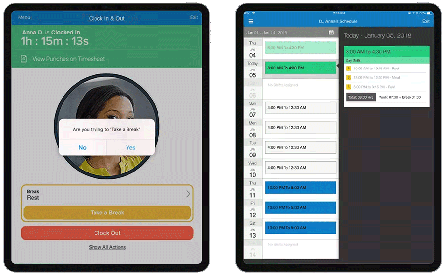 Employee’s punch details for different days on employee time clock app