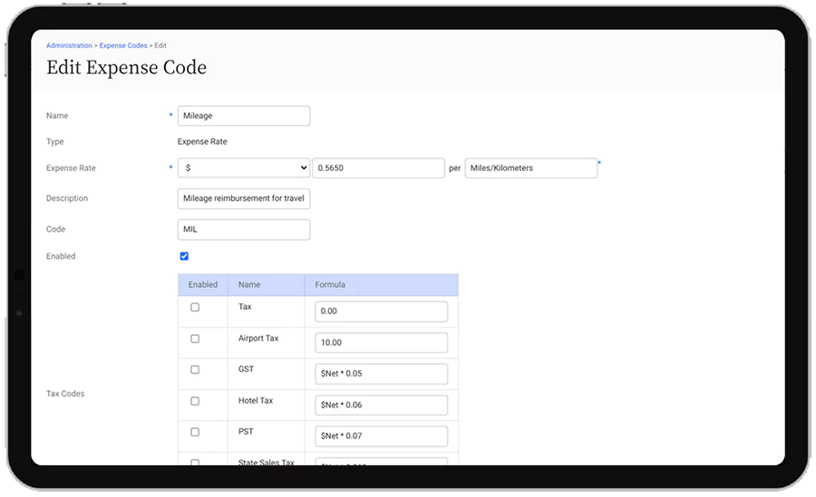 configurable expense codes to meet business needs