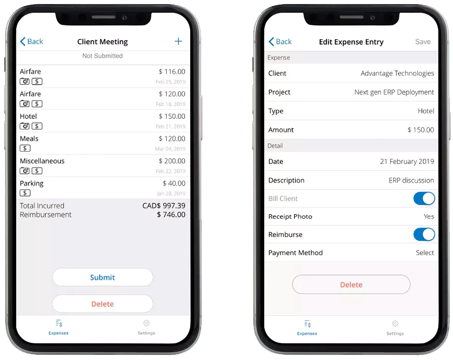 project time and expense tracking from mobile app