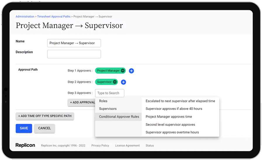 timesheet approval path with advanced validations