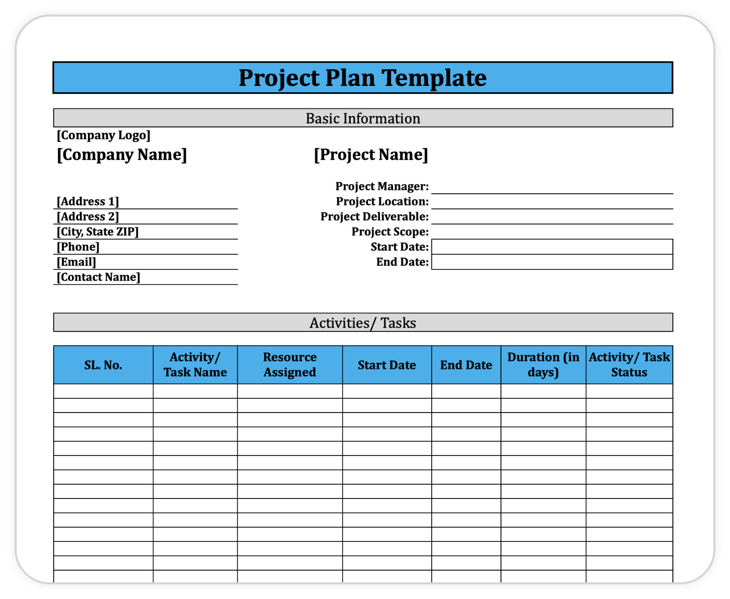 Project Plan Template for Microsoft Word