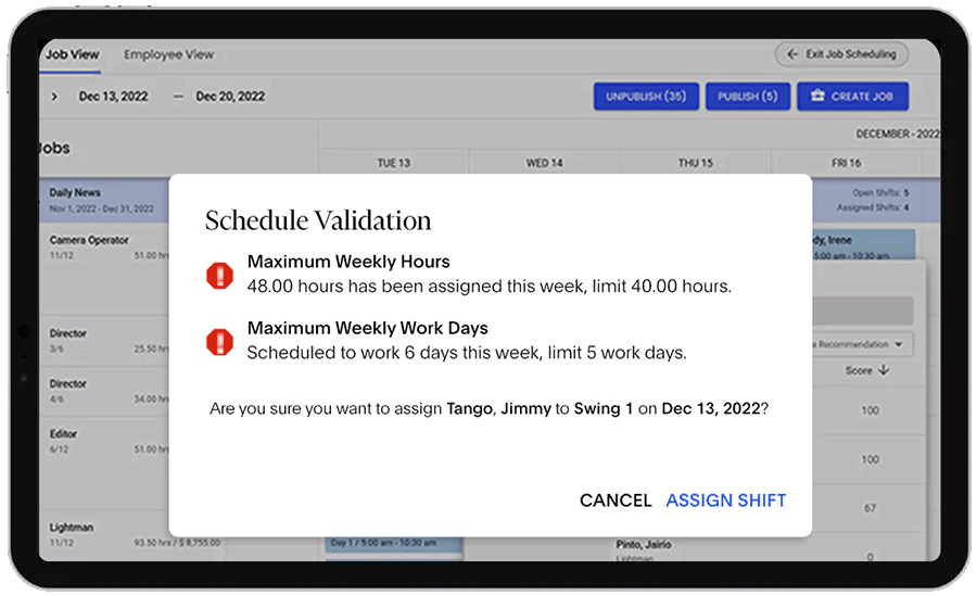 failed schedule validation pop up