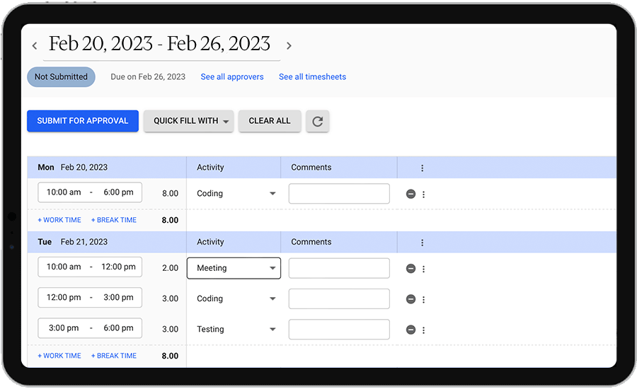 flexible timesheet formats and pre-populated timesheets in workforce management software
