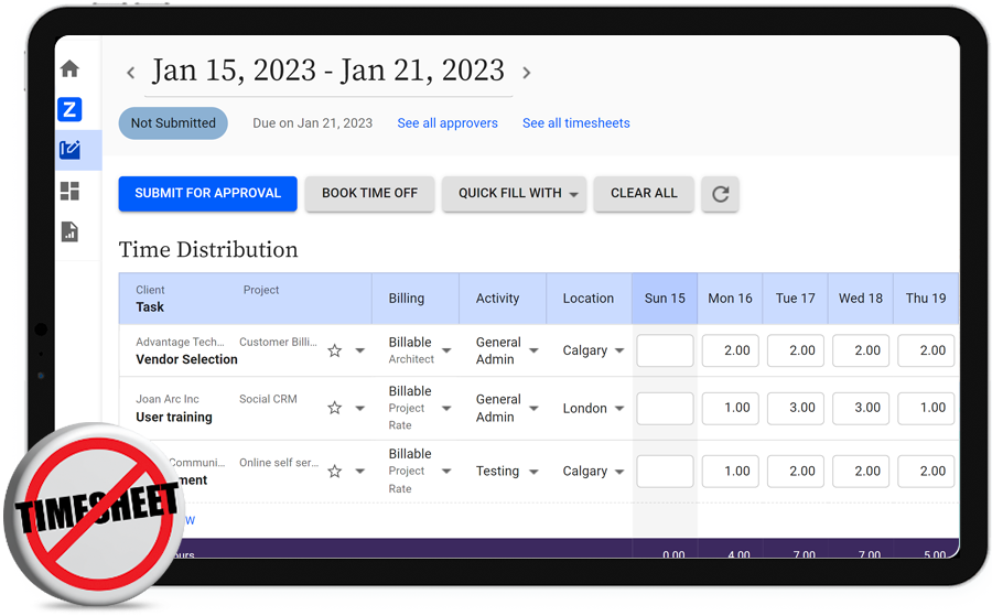 Preview of the timesheet with project and client details