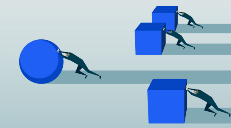 An illustration of some people pushing round red objects, indicating movement, improvement and competition