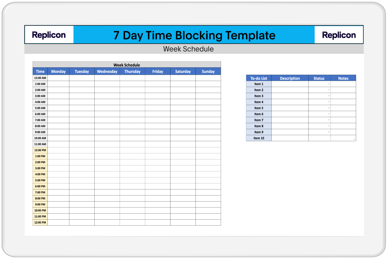 a preview of seven day time blocking template from Replicon