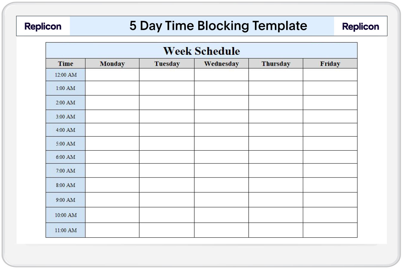 a preview of five-day time blocking template from Replicon