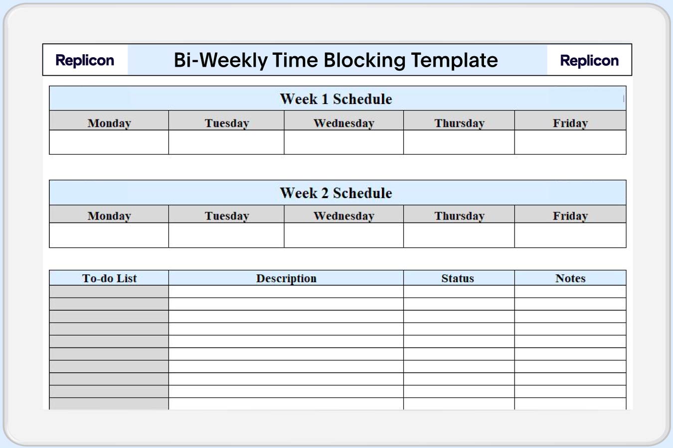 a preview of bi-weekly time blocking template from Replicon