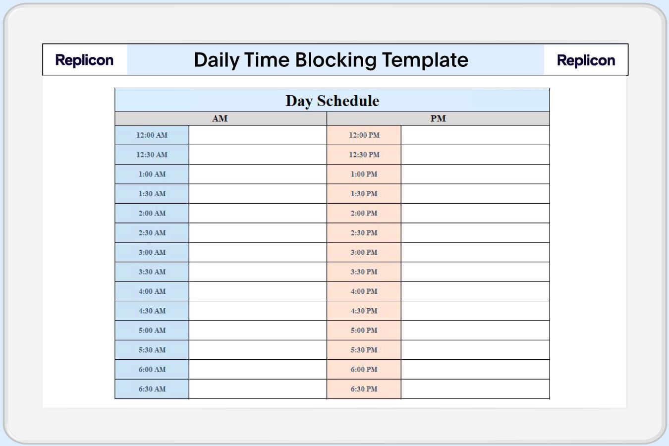 a preview of daily time blocking template from Replicon