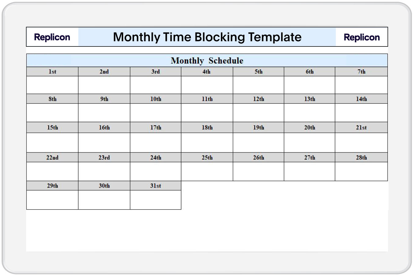 a preview of monthly time blocking template from Replicon