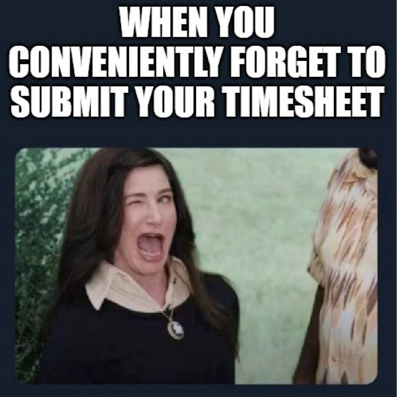 Image of a woman winking with the caption  'When you conveniently forget to submit your timesheet