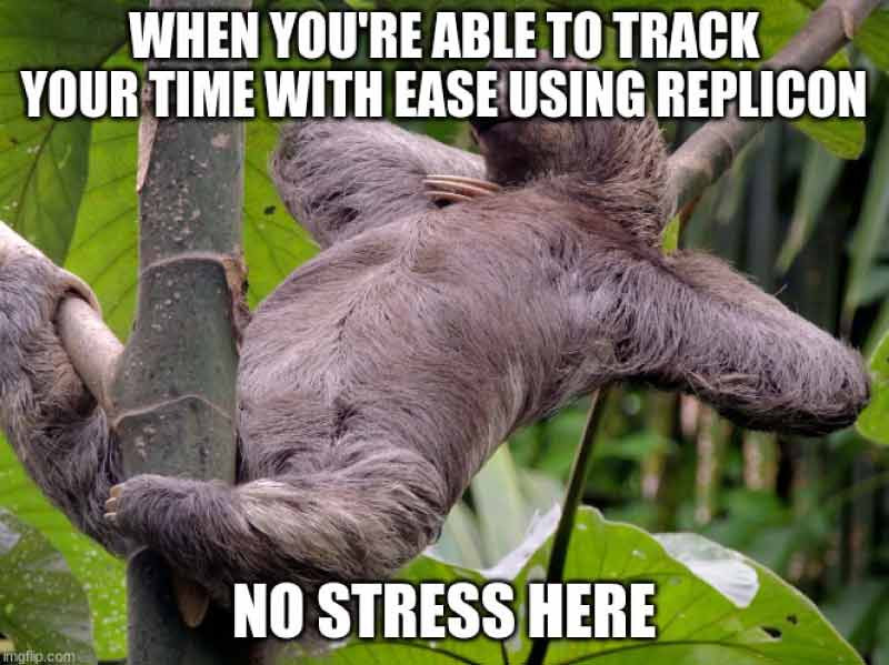 The main title reads - When you're able to track your time with ease using Replicon with the Image of a relaxed sloth  meme with the caption “No stress here!” 