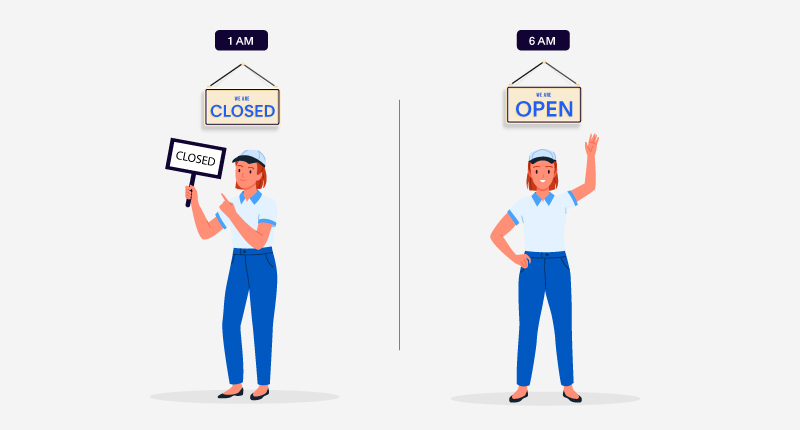 businesswoman showing closed and open sign at different times