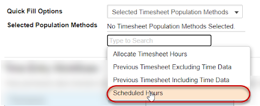 Selecting the timesheet population methods to assign them to the Quick Fill With button
