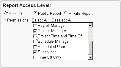 Selecting chcek boxes to a assign report access level
